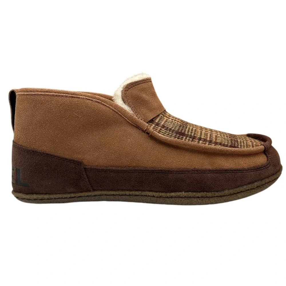 SOREL Mens Manawan Suede Slippers Size 8 Brown Plaid Faux Fur Indoors & Outdoors